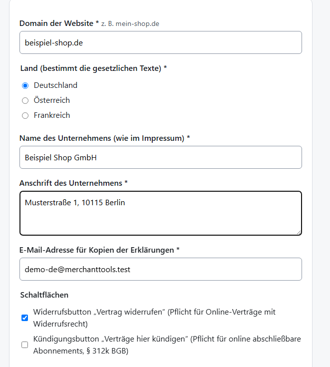 Formular „Website hinzufügen“: Domain, Land, Name und Anschrift des Unternehmens, E-Mail-Adresse für Kopien