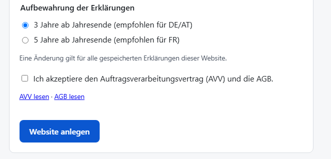 Ende des Formulars: Aufbewahrung, Zustimmung zu AVV und AGB, Schaltfläche „Website anlegen“