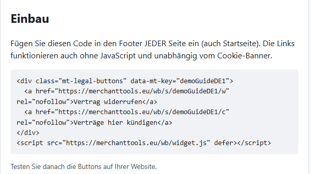Abschnitt „Einbau“ mit dem Code zum Kopieren