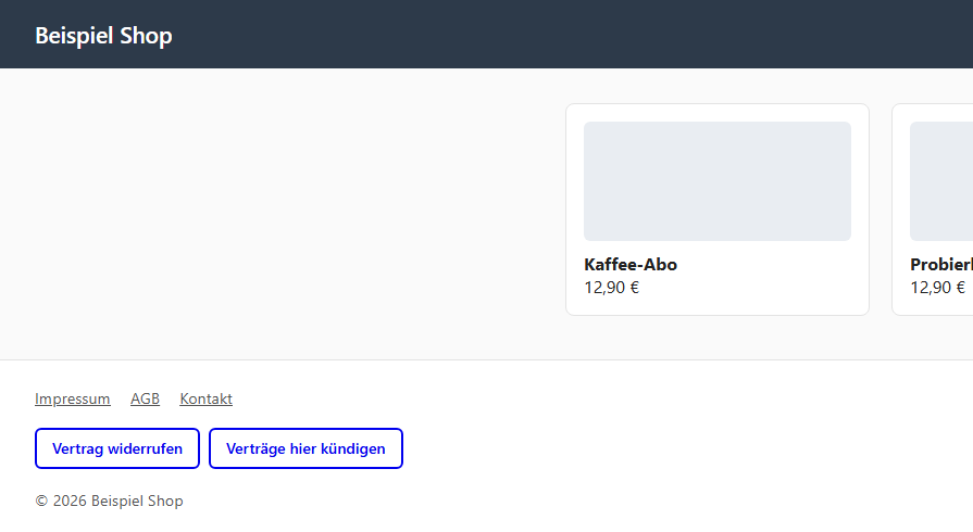 Footer eines Beispiel-Shops mit den Schaltflächen „Vertrag widerrufen“ und „Verträge hier kündigen“