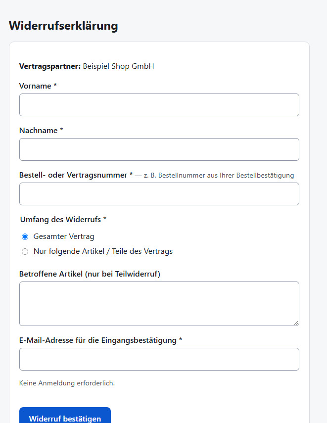 Formular „Widerrufserklärung“, geöffnet über die Schaltfläche