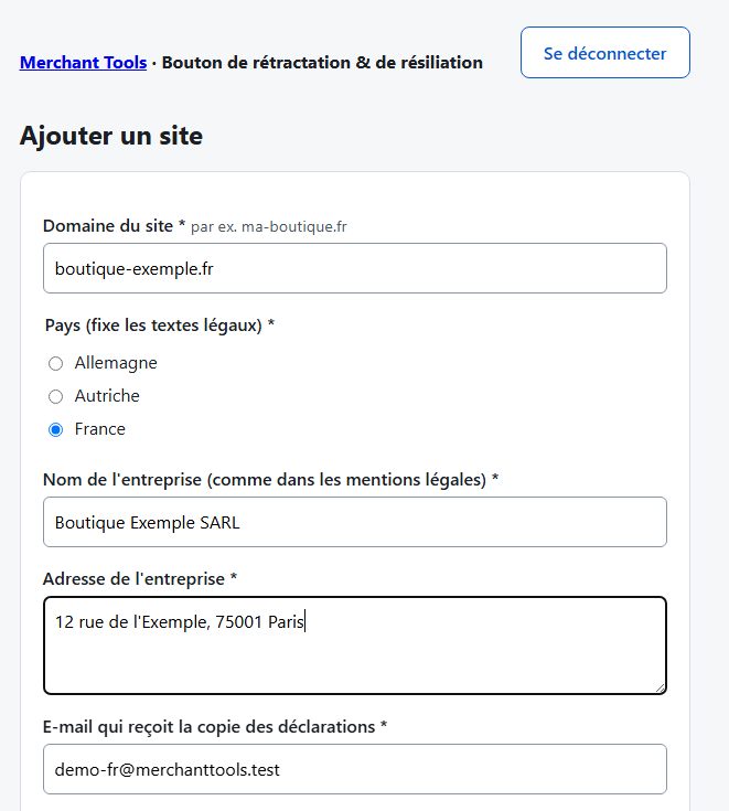 Formulaire « Ajouter un site » : domaine, pays, nom et adresse de l'entreprise, e-mail de copie