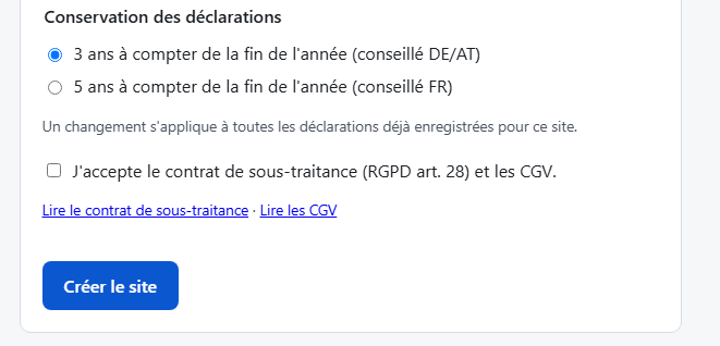 Bas du formulaire : durée de conservation, acceptation du contrat de sous-traitance et bouton « Créer le site »