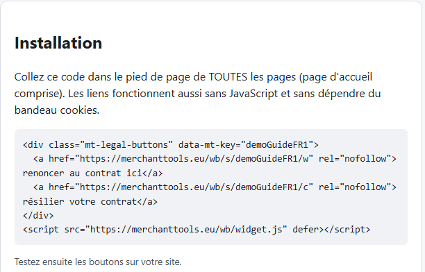 Encadré « Installation » avec le code à copier