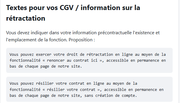 Textes proposés pour les CGV et l'information sur la rétractation