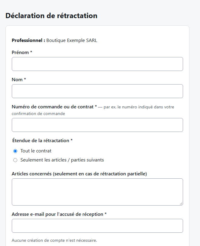 Formulaire « Déclaration de rétractation » ouvert depuis le bouton